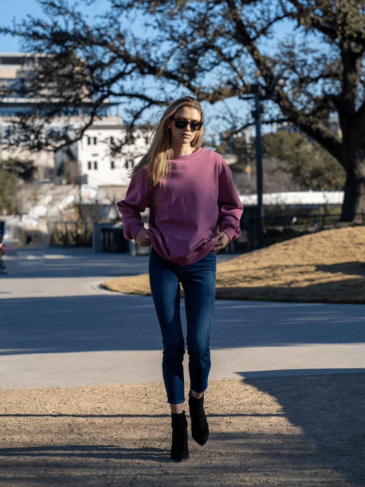 Dark purple sweater hot sale outfit
